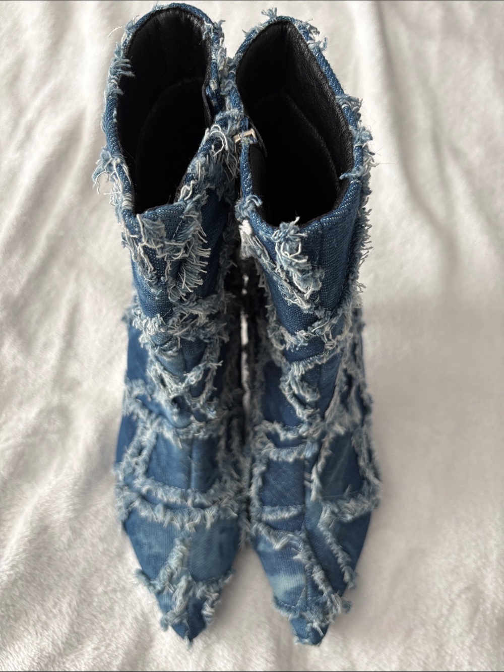 Denim Frayed Patchwork heeled boots size 9
